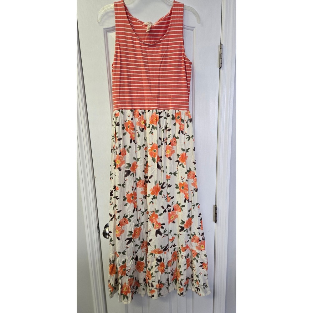 Matilda Jane Womens Striped Floral Mixed Print Tiered Maxi Dress Coral Cream M